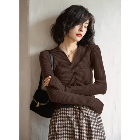 弥古咖色v领针织衫修身抽绳上衣女法式秋冬毛衣内搭打底衫高级感图片