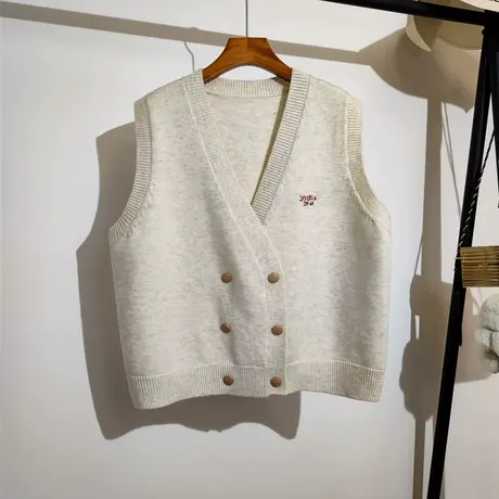 双排扣针织马甲开衫女秋冬新款宽松v领百搭无袖毛衣背心坎肩外套商品大图