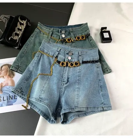 两粒扣高腰牛仔短裤女2023夏季新款显瘦百搭包臀弹力裤复古辣妹裤图片