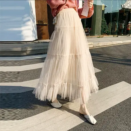 冬天的纱裙中长款高腰百褶半身裙女2022春装新款超仙显瘦的仙女裙图片