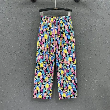 2023新款松狮头印花设计感宽松百搭长裤女休闲松紧腰薄款直筒裤夏图片