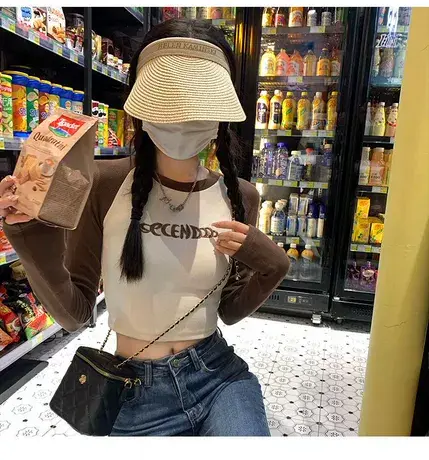 正肩t恤女长袖2023早秋新款撞色插肩刺绣内搭短款紧身打底上衣潮商品大图