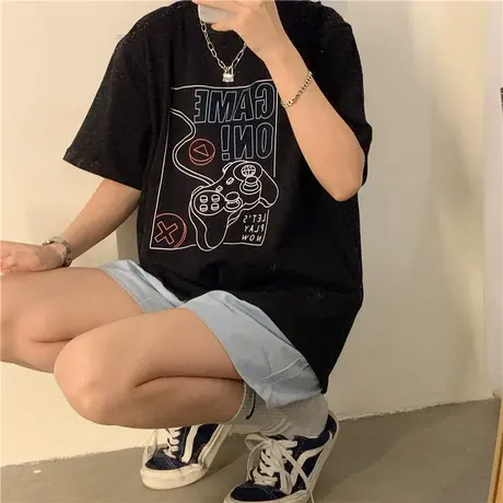 原创手绘游戏机盐系少女宽松慵懒风新款韩版ins纯棉短袖T恤上衣图片