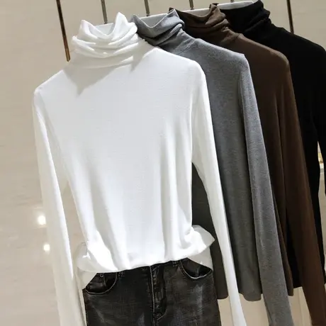 长袖t恤女2021秋季新款韩版潮白色堆堆领修身显瘦高领内搭打底衫商品大图