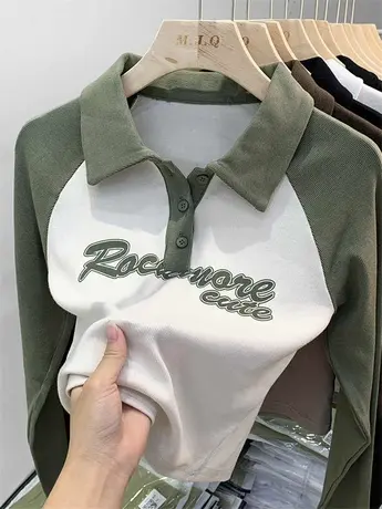 2023春秋冬季新款女装欧货polo翻领长袖t恤修身显瘦短款字母上衣图片