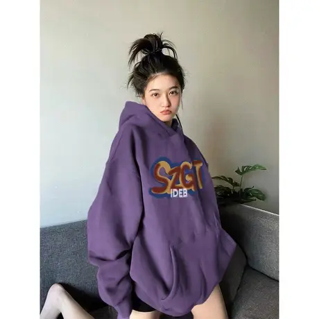 oversize设计感紫色卫衣女2023春秋薄款ins潮牌宽松大码连帽外套商品大图