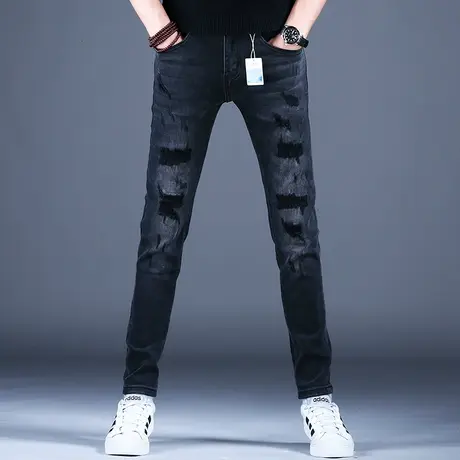 男士秋款烟灰色牛仔裤男款破洞补丁修身百搭小脚裤子2023高端潮牌图片