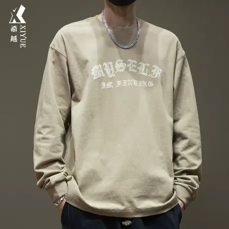 希越260g重磅长袖T恤男秋冬字母印花纯棉打底衫宽松大码胖子上衣商品大图