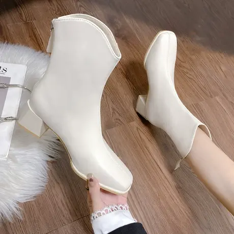 法式小短靴女春秋单靴2023年新款时尚百搭复古粗跟防滑马丁瘦瘦靴图片