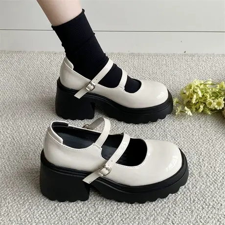 高跟鞋女夏季新款2023浅口白色洋气简约粗跟鞋子复古jk配裙子单鞋图片