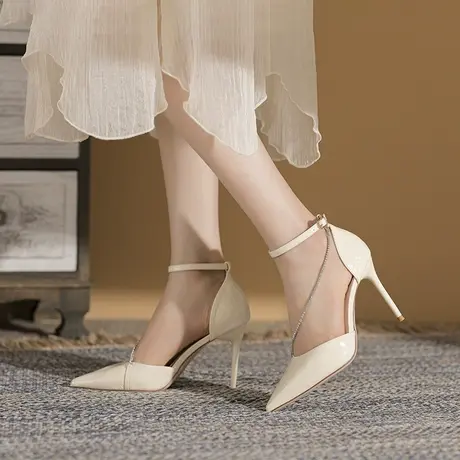 高跟鞋女细跟2023年春季新款气质浅口水钻一字带法式小众尖头单鞋图片