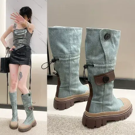 小众设计感贝壳头水洗牛仔布高筒骑士靴2023女厚底显瘦不过膝长靴商品大图