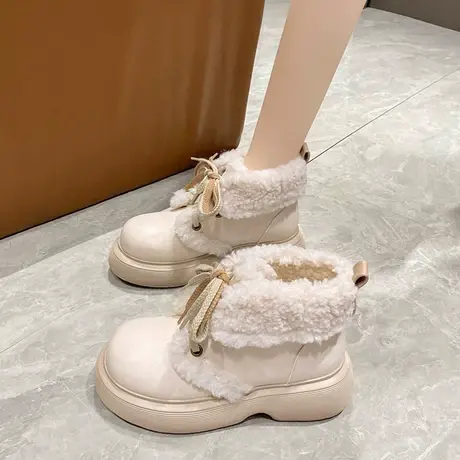 【真皮】雪地靴女冬季新款羊羔绒加绒保暖马丁靴白色皮毛一体短靴图片