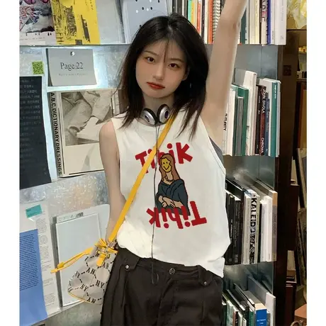 美式复古纯棉吊带运动坎肩背心无袖t恤女夏外穿宽松港风挂脖上衣商品大图