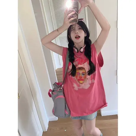 纯棉美式复古设计感无袖坎肩t恤女夏季新款宽松中长款背心上衣潮图片