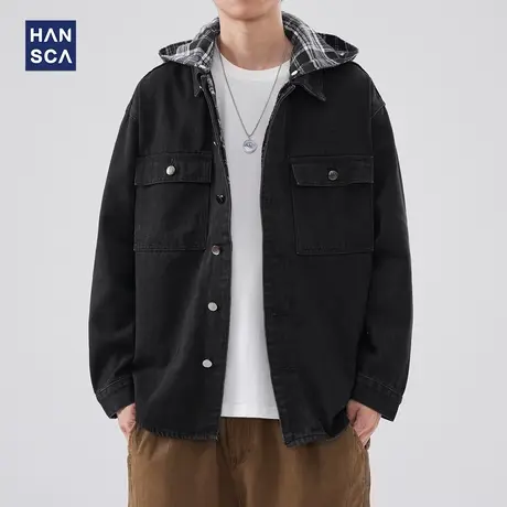 hansca假两件牛仔外套男秋季新款潮牌宽松青少年休闲连帽工装夹克图片