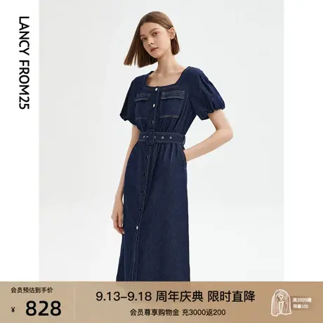 朗姿法式棉质复古休闲泡泡袖方领连衣裙2023年夏季新款裙子牛仔裙图片