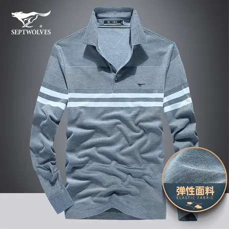 七匹狼狼族生活2023冬季纯棉长袖T恤男商务休闲条纹翻领体恤上衣商品大图