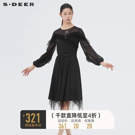 sdeer圣迪奥秋装圆领风琴褶网纱收腰少女减龄连衣裙S221Z12A2图片