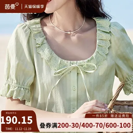 茵曼法式纯棉短袖衬衫女2023夏季新款圆领宽松泡泡袖上衣短款衬衣图片