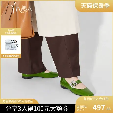 妙丽法式漆牛皮方钻玛丽珍低跟平底女单鞋百搭真皮浅口SCL23CQ2图片