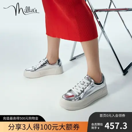 millie's妙丽2022秋商场同款牛皮时尚小白鞋厚底女休闲鞋608-1CM2图片