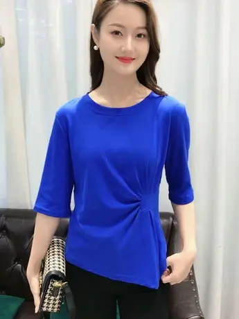 欧洲站夏季2023新款圆领中袖t恤女不规则打皱设计纯色打底上衣潮商品大图