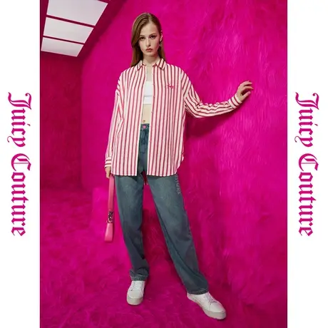 Juicy Couture橘滋23秋冬款纸短情长logo绣泡泡纱条纹休闲女衬衫商品大图