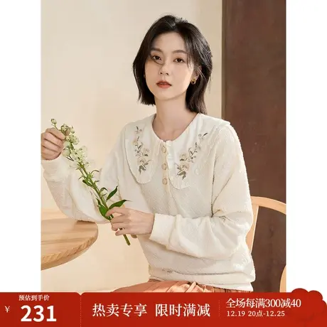 【商场同款】茵曼2023春女装新款田园绣花娃娃领格纹肌理感卫衣图片