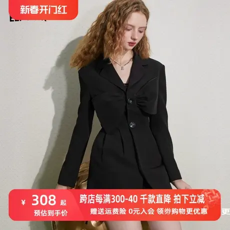 妖精的口袋黑色长款西装外套女2023秋季新款气质设计感小西服外套图片