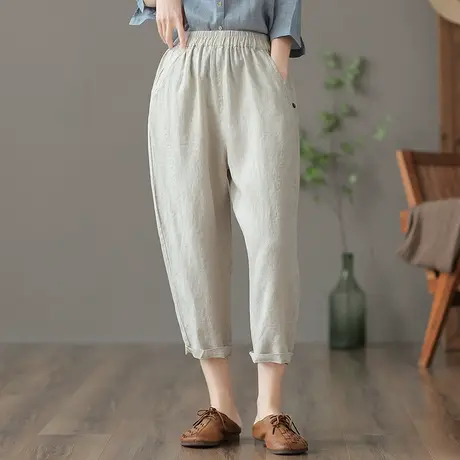 dza 高腰显瘦直筒亚麻裤子女夏薄款宽松阔腿裤九分休闲萝卜棉麻裤图片