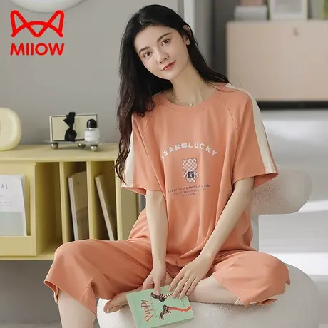 猫人睡衣女士春秋夏季纯棉短袖薄款七分裤家居服套装2023年新款商品大图