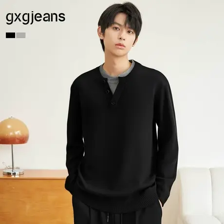 gxg.jeans男装 多色假两件半开襟休闲毛衣针织衫男 25年春新品图片