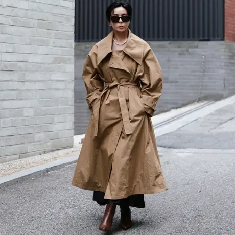 纯诗曼秋女士风衣外套中长款过膝宽松收腰系带英伦风显瘦时尚外套商品大图