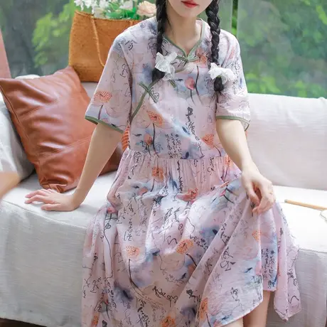 胖妹妹2025大码新中式古风旗袍裙复古短袖长商品大图