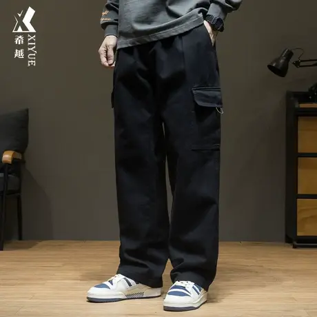 希越纯棉口袋工装牛仔裤男秋冬加绒宽松大码黑色厚款休闲百搭长裤图片