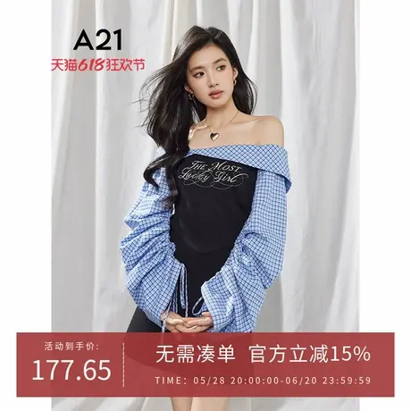 A21女装一字领露肩连衣裙2025春季新款设计感拼接格子修腰中长裙图片
