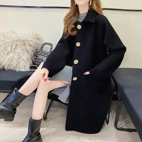 2023新款双面呢外套女中长款秋冬宽松娃娃领大衣气质韩版呢子风衣图片