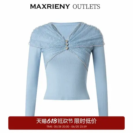 【奥莱】MAXRIENY雾蓝网纱拼接套头针织衫修身显瘦上衣女商品大图