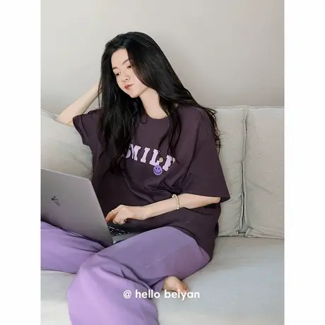 贝妍新款睡衣女夏季凉感纯棉圆领套头家居服休闲大码短袖长裤套装商品大图