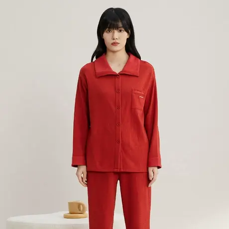 秋鹿华夫格简约休闲家居服春秋纯棉绣花长袖睡衣秋季女款商品大图