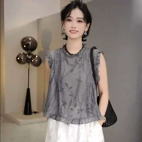 韩系巨好看的设计感木耳边圆领无袖衬衫女夏季新款时尚独特上衣潮图片