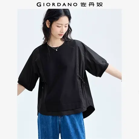 佐丹奴短袖t恤女新款拼接可收腰设计感宽松圆领黑色t恤衫90324202图片
