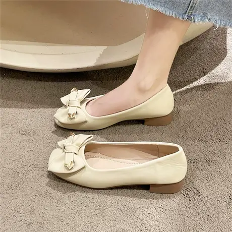 韩版粗跟软皮单鞋女2023年夏季新款软底蝴蝶结浅口方头中跟豆豆鞋商品大图