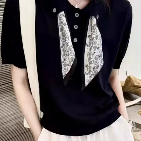 冰丝针织polo衫翻领正肩短袖t恤女夏韩系设计感炸街独特漂亮上衣商品大图