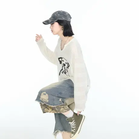 美式潮牌V领镂空轻薄微透小狗印花长袖T恤女松弛感防晒罩衫上衣商品大图