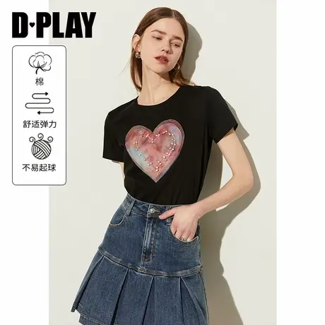 DPLAY夏季气质简约经典圆领黑色爱心胶印图案短袖宽松T恤上衣商品大图