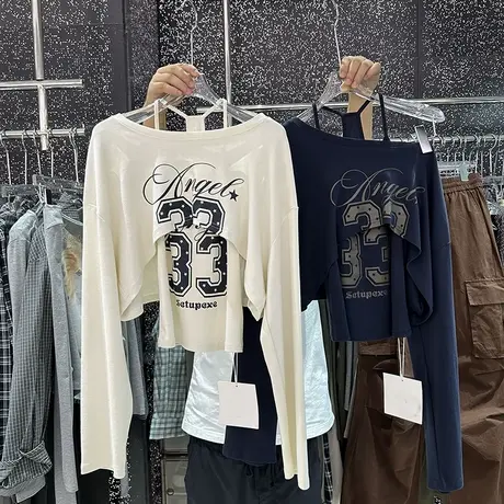 时尚两件套女秋季韩系风数字印花修身吊带内搭露肩斜领T恤上衣潮商品大图