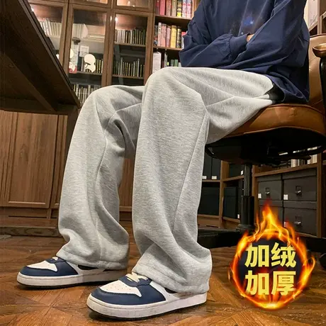 唐狮秋冬新款男休闲长裤加厚运动卫裤宽松直筒阔腿裤子加绒潮流W商品大图