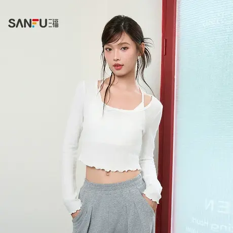 三福女秋季竖纹坑条短款T恤 时尚个性宽松单衣上衣女509456图片